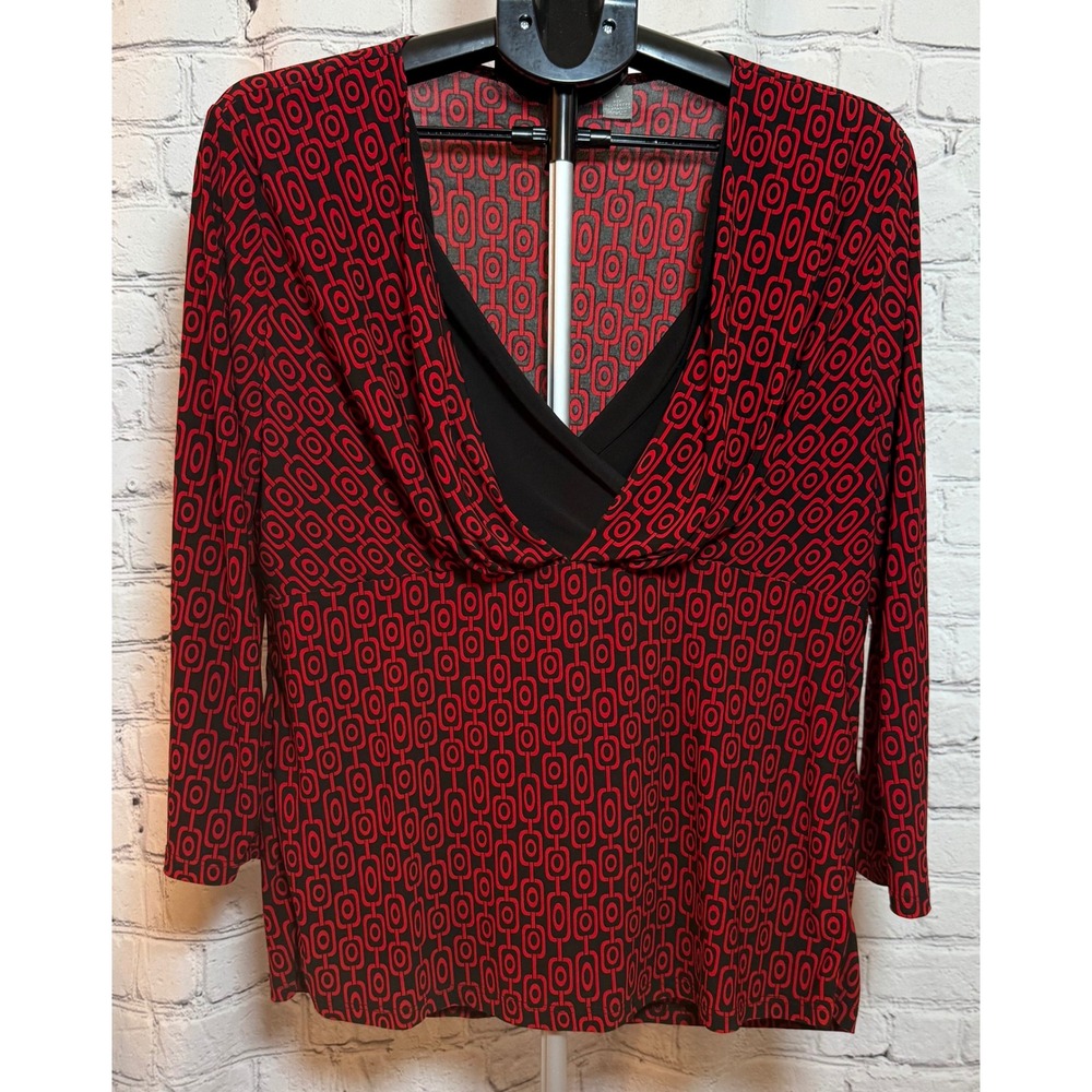 Investments Womens Red Black Geometric Link Print Surplice V-Neck Top Large